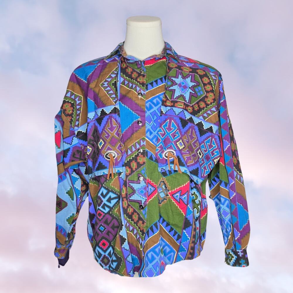 Vtg Circle T by Marilyn Lenon Southwest Aztec Cotton Shirt Jacket Womens Medium